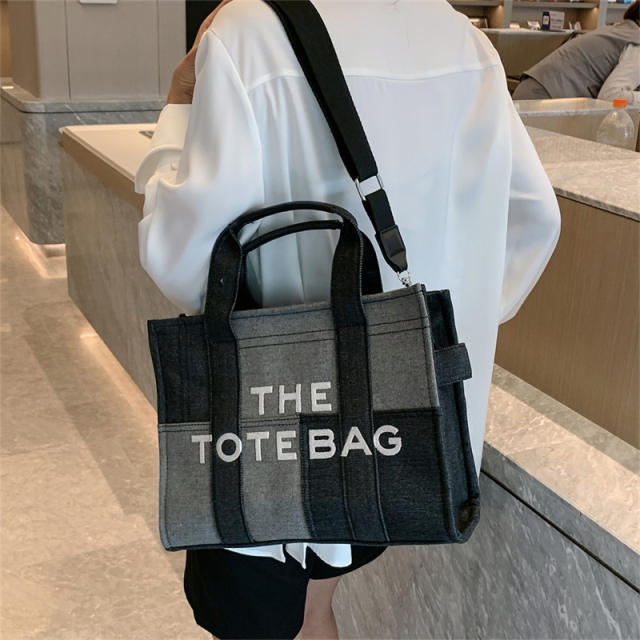 Classic letter denim color matching tote bag