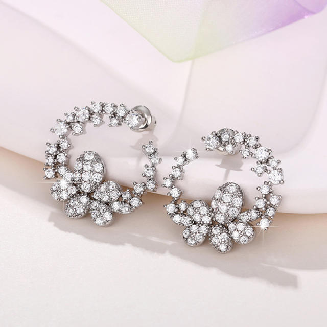 Delicate diamond flower copper circle studs earrings