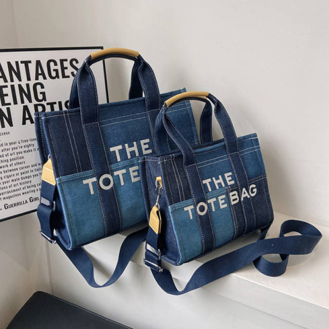 Classic letter denim color matching tote bag