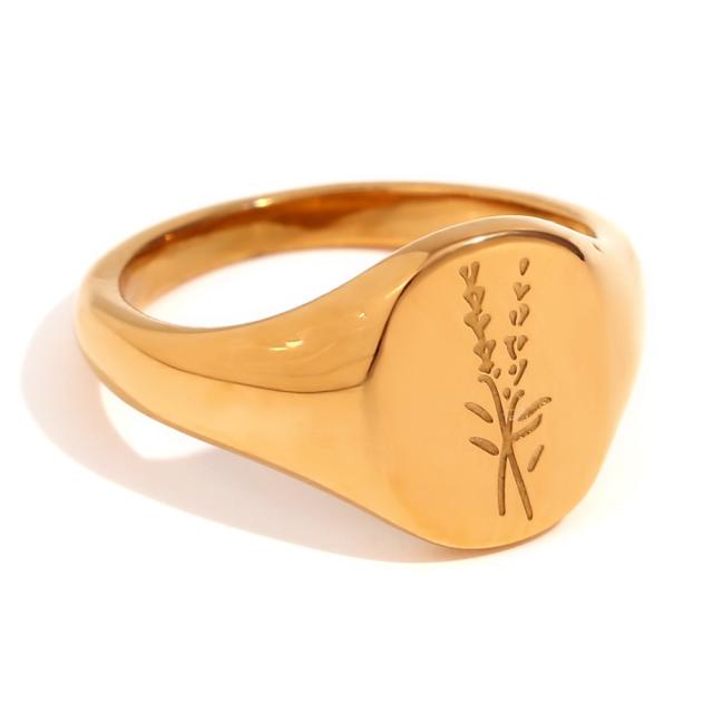 Engraved flower stainless steel signet rings