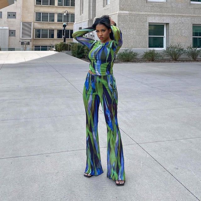 Occident fashion green color long sleeve tops flare pants set