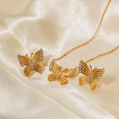18KG diamond butterfly stainless steel necklace ear studs set