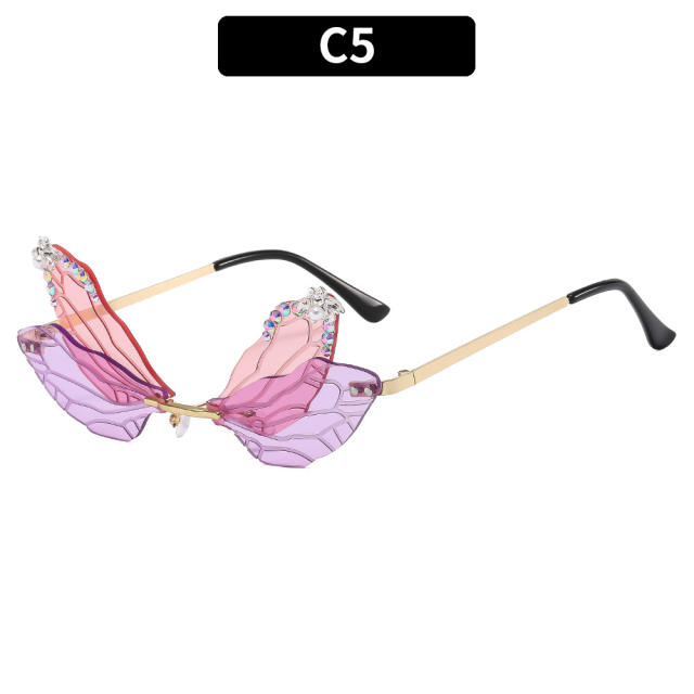 Funny rhinestone dragonfly design rimless sunglasses