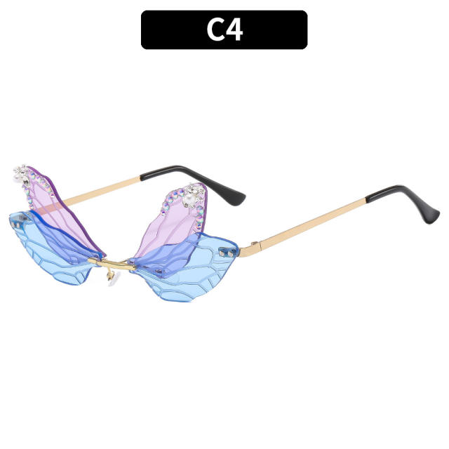 Funny rhinestone dragonfly design rimless sunglasses