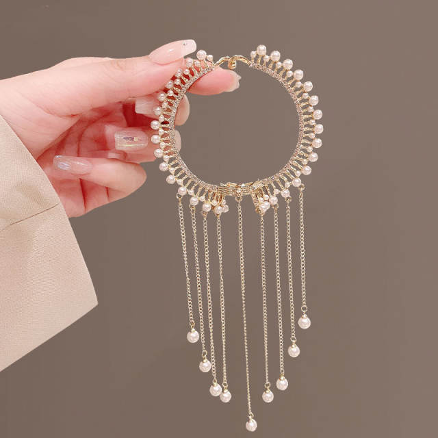 Elegant rhinestone tassel pearl bun holder hair claw clips