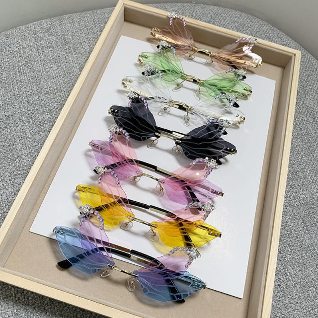 Funny rhinestone dragonfly design rimless sunglasses