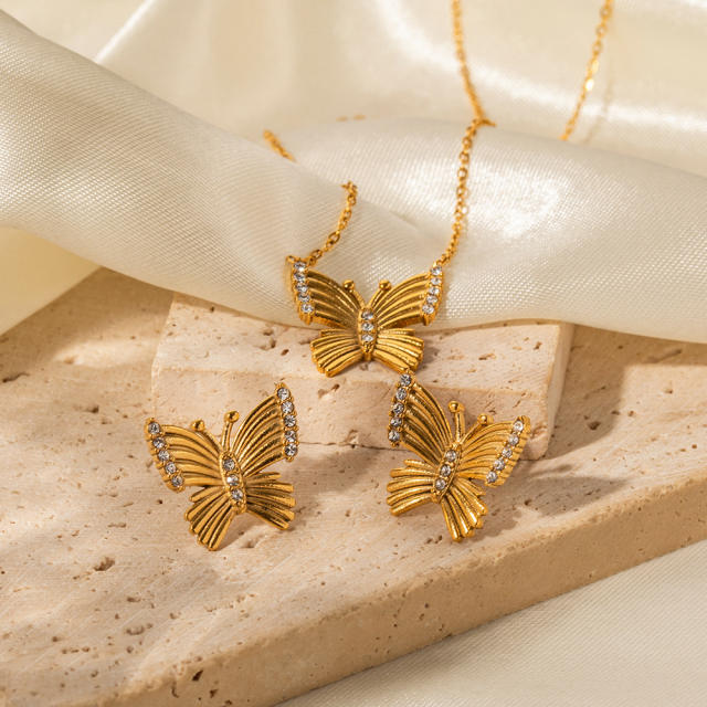 18KG diamond butterfly stainless steel necklace ear studs set