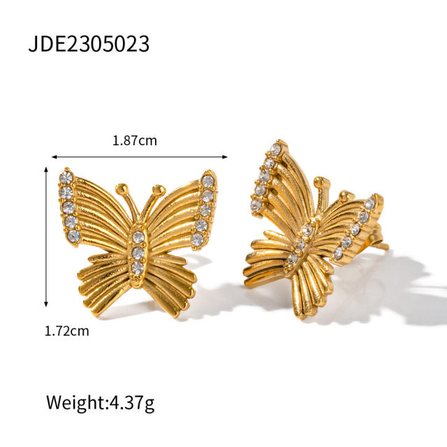 18KG diamond butterfly stainless steel necklace ear studs set