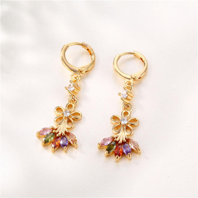 Personality color cubic zircon flower dangle copper huggie earrings
