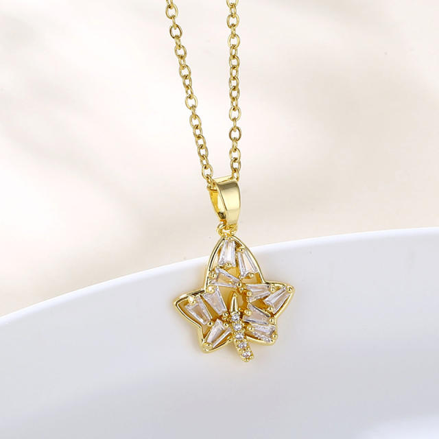 Dainty diamond copper Maple leaf pendant stainless steel chain necklace