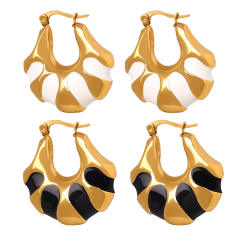 Chunky white black enamel stainless steel hoop earrings