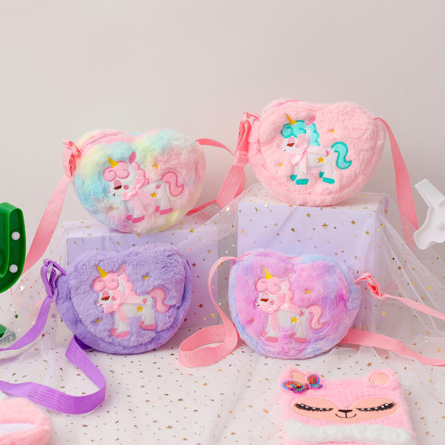 Cute heart shape fluffy unicorn girls crossbody bag