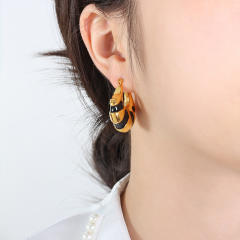 Chunky white black enamel stainless steel hoop earrings