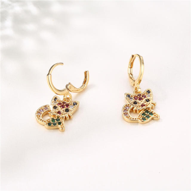 Delicate rainbow cz kitty cute copper huggie earrings