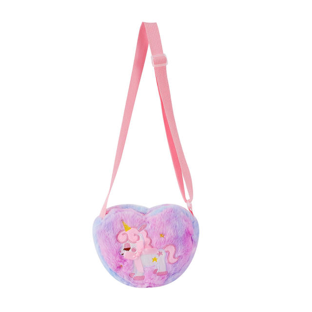 Cute heart shape fluffy unicorn girls crossbody bag