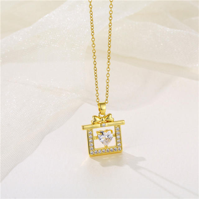 Delicate diamond gift box pendant stainless steel chain necklace
