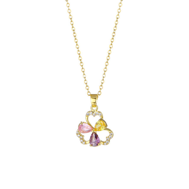 18KG color cubic zircon clover pendant stainless steel chain necklace