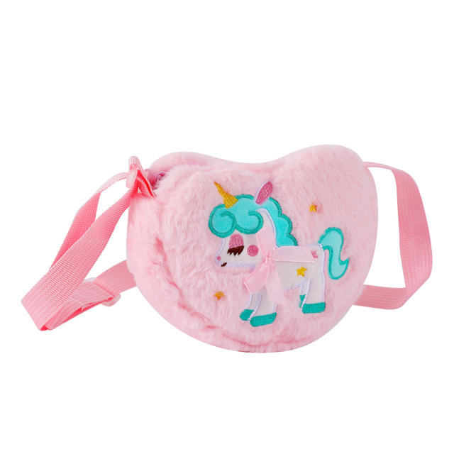 Cute heart shape fluffy unicorn girls crossbody bag