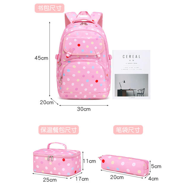 3pcs pink color polka dots school bag lunch bag for girls set