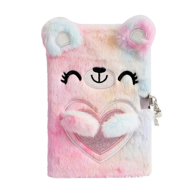 Cute fluffy heart bear girls note book with lock