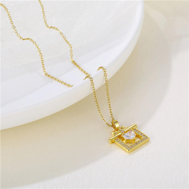 Delicate diamond gift box pendant stainless steel chain necklace