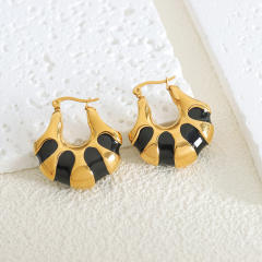 Chunky white black enamel stainless steel hoop earrings