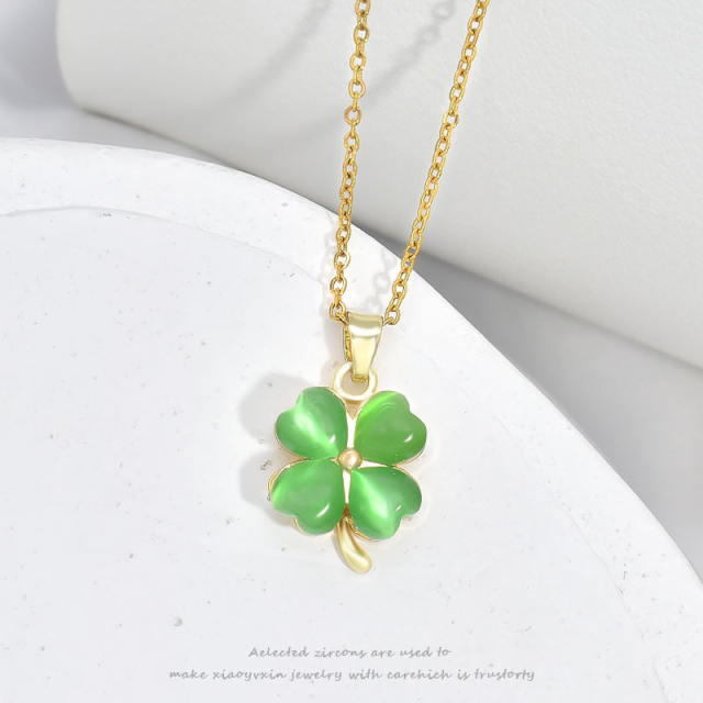Elegant green color opal stone rotatable clover stainless steel chain necklace set