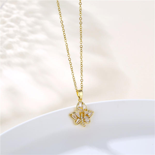 Dainty diamond copper Maple leaf pendant stainless steel chain necklace