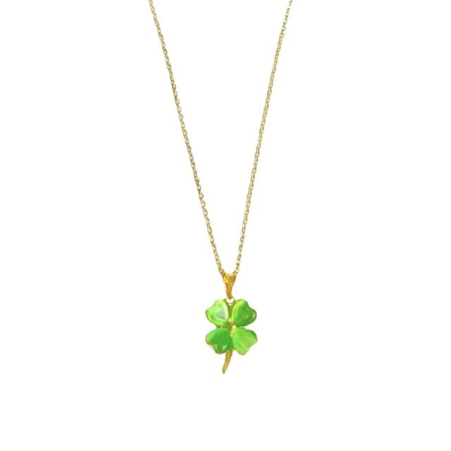 Elegant green color opal stone rotatable clover stainless steel chain necklace set