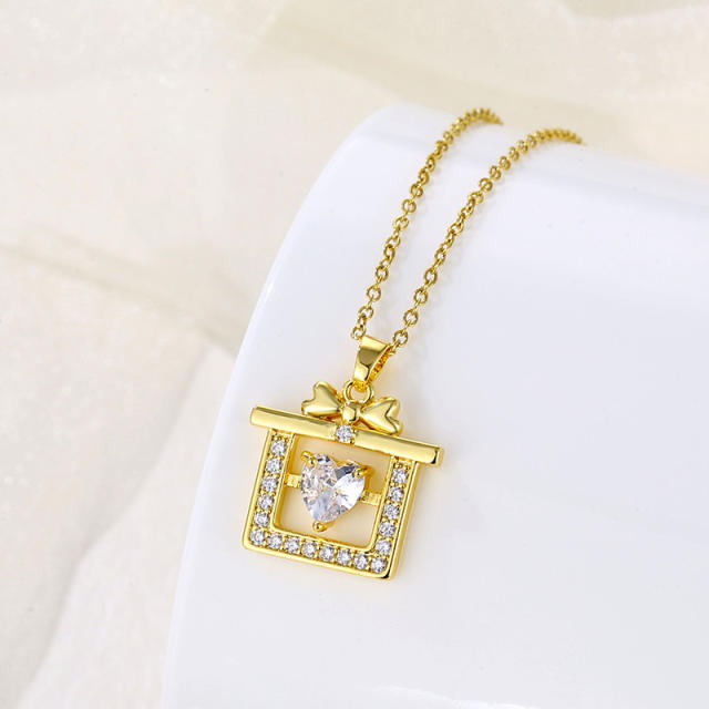 Delicate diamond gift box pendant stainless steel chain necklace