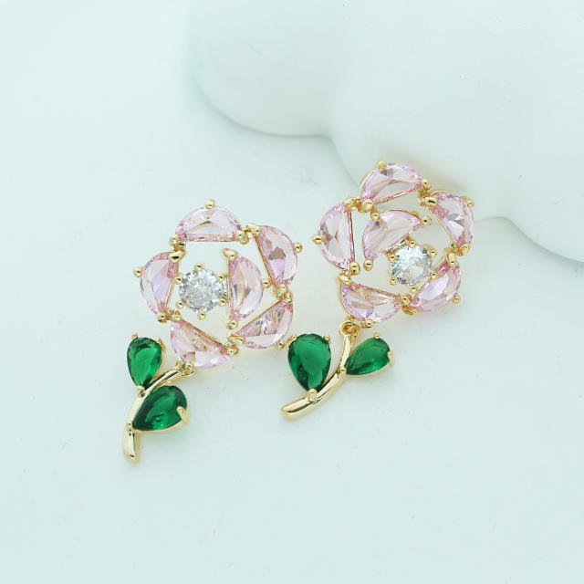 925 needle delicate color cubic zircon rose flower copper studs earrings