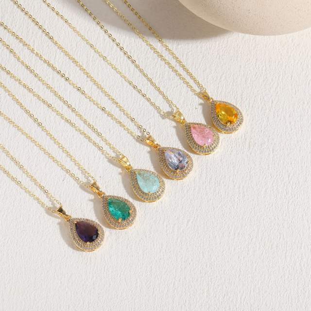 14KG Dainty colorful cubic zircon teardrop pendant copper necklace