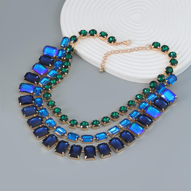 3 layer color glass crystal statement chunky necklace