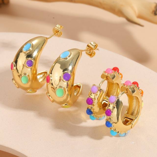 Boho Y2K rainbow enamel gold plated copper earrings huggie earrings