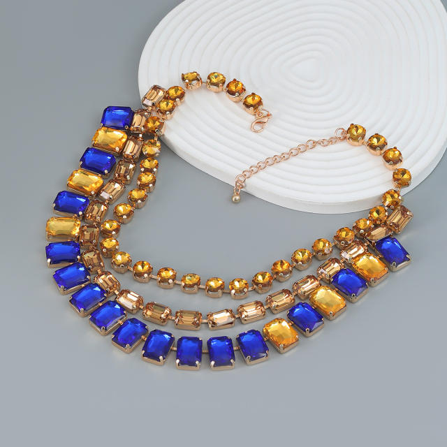 3 layer color glass crystal statement chunky necklace