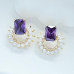 925 needle delicate green color cubic zircon pearl bead copper studs earrings