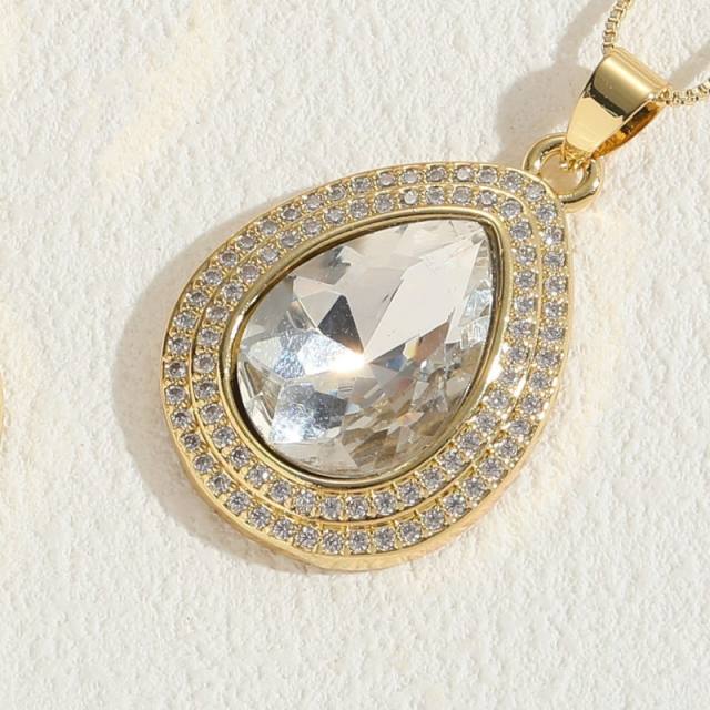 14KG copper tear drop glass crystal pendant necklace