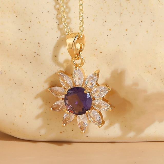 Dainty colorful cubic zircon sunflower daisy pendant copper necklace