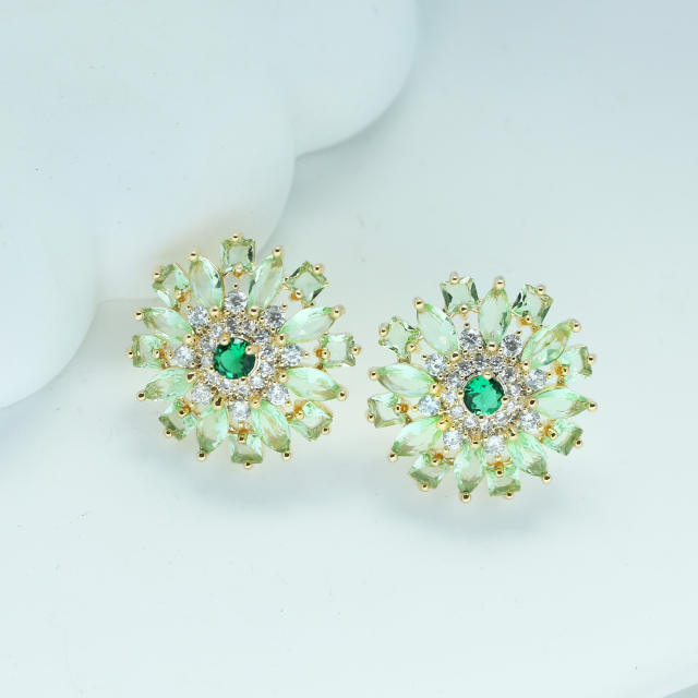 Delicate color cubic zircon bloom flower copper studs earrings