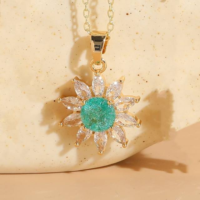 Dainty colorful cubic zircon sunflower daisy pendant copper necklace