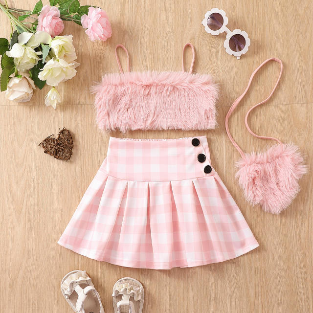 Summer girls fluffy camisole tops plaid skirt set with bag