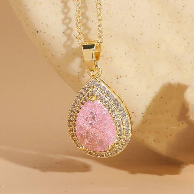 14KG Dainty colorful cubic zircon teardrop pendant copper necklace