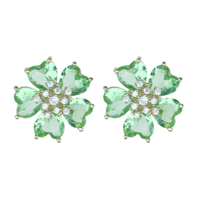Delicate green pink cubic zicon petal flower studs earrings