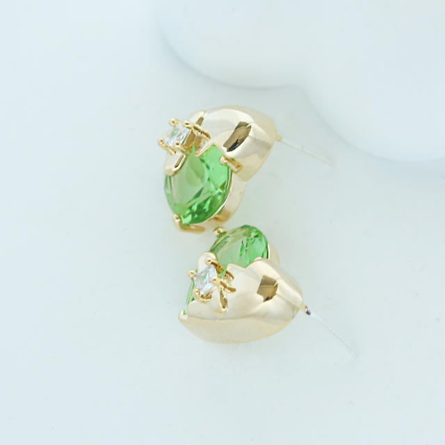 Delicate green color heart cubic zircon copper studs earrings