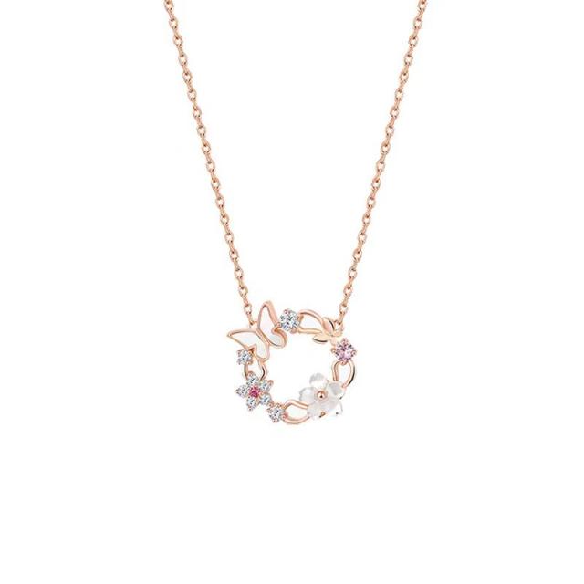 Ins butterfly flower circle copper dainty necklace