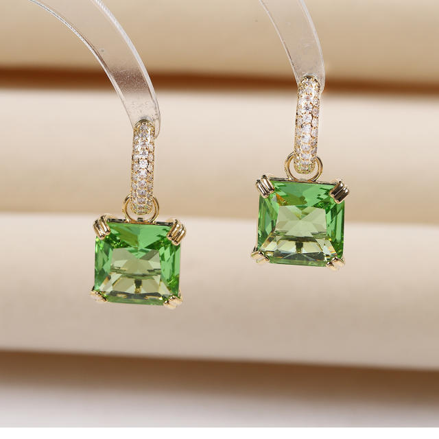 Delicate green color square cubic zircon diamond copper huggie earrings