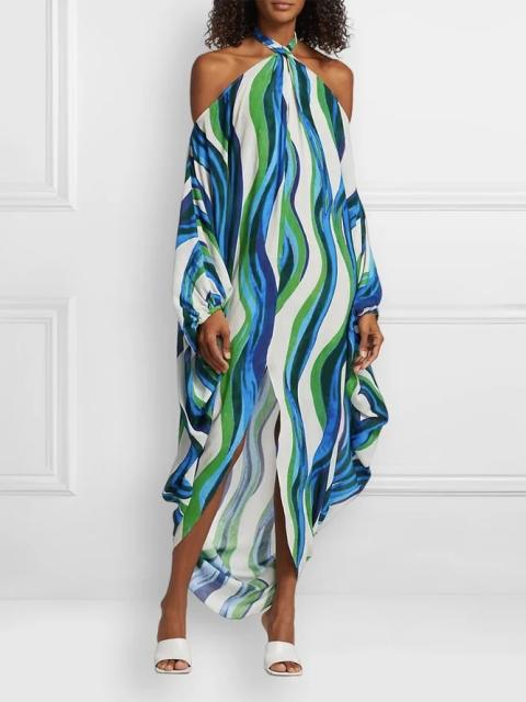 Summer color striped halter neck long sleeve dress