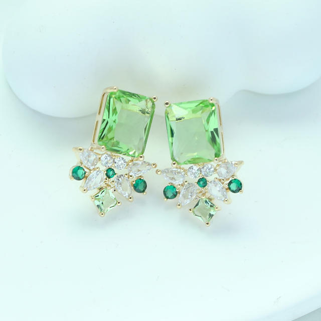 925 needle delicate green pink cubic zircon flower copper studs earrings