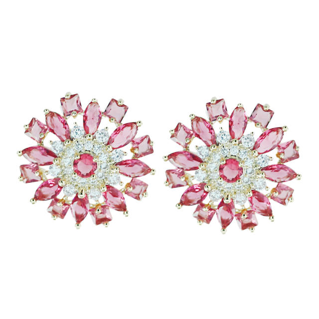 Delicate color cubic zircon bloom flower copper studs earrings