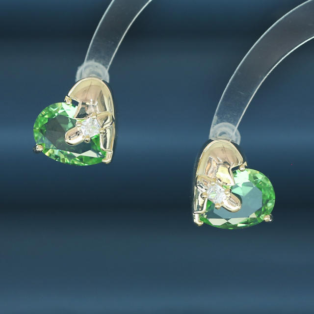 Delicate green color heart cubic zircon copper studs earrings